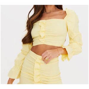 NWT Pretty Little Thing Pastel Yellow Stretch Frill Ruched Front Long Sleeve